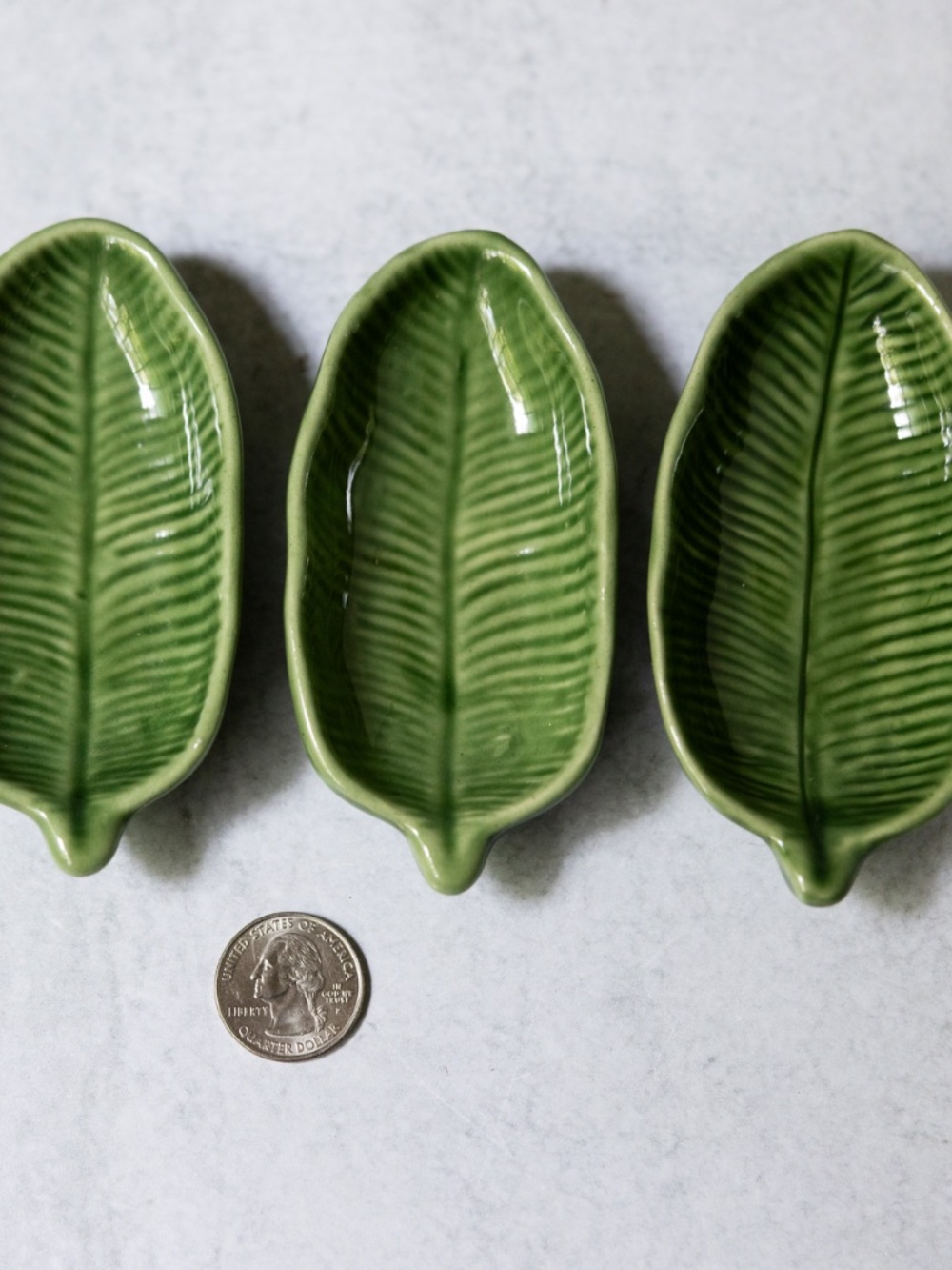 Set of 3 green ceramic banana leaf dip bowls Ten Thousand Villages Indonesia